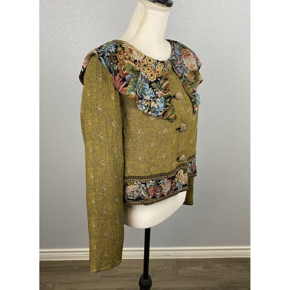 Vintage 80's Dorothy Schoelen Platnium Olive Floral Chic Bib Blouse Jacket Large - Picture 5 of 13